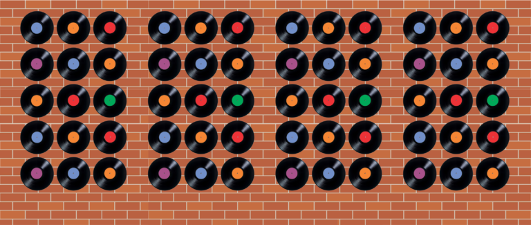 Scenic design illustration of a 1950s diner record wall