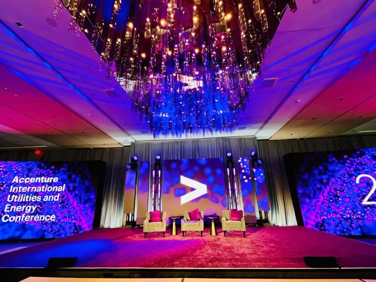 Corporate conference stage with LED video wall and chandeliers