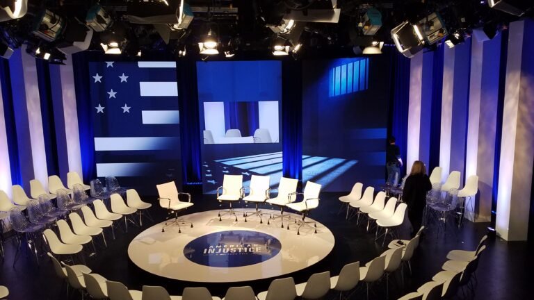 Stage set under construction before a broadcast taping