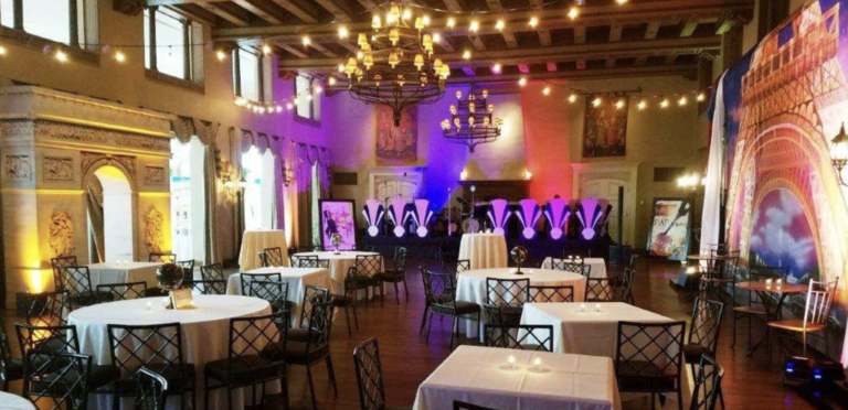 Ballroom transformed into Paris with an Eiffel Tower backdrop