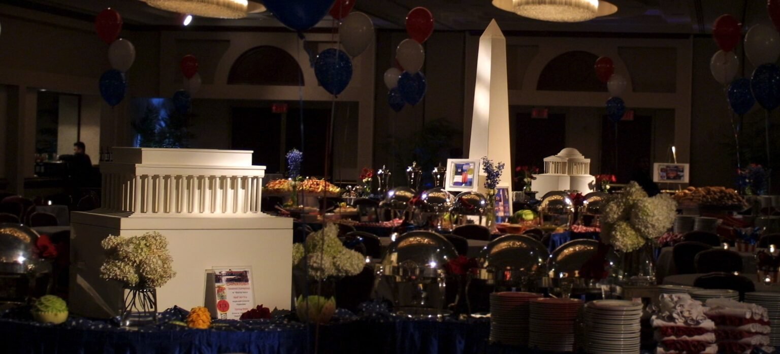 Monument replica centerpieces on a buffet