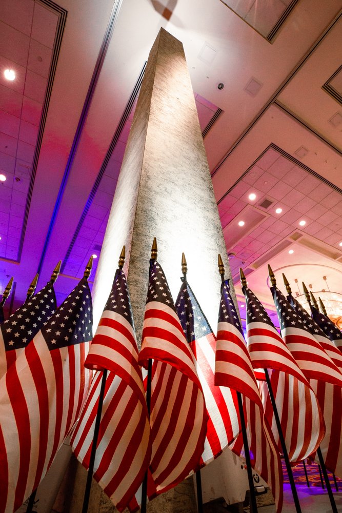 Washington Monument replica with flags
