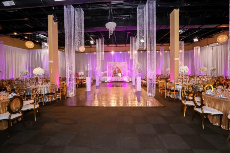 Indian wedding reception with decorated stage