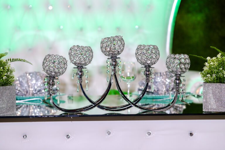 Decorated wedding reception stage and seating