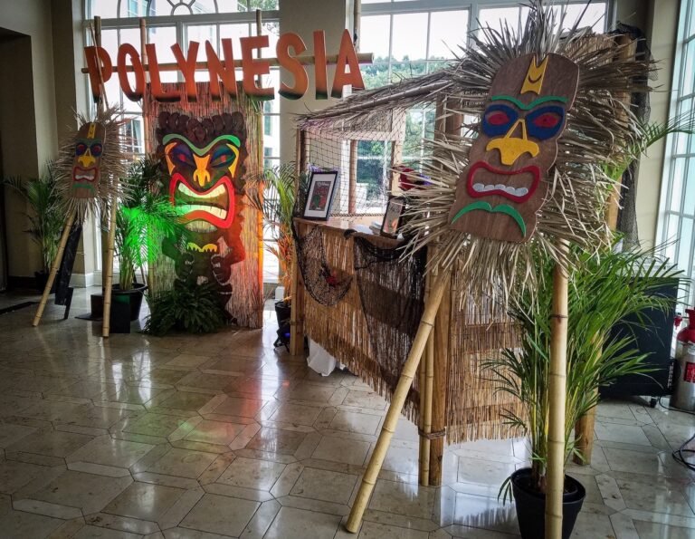 Tiki bar with large 3D carved masks