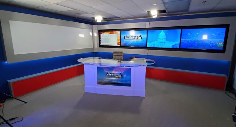 Broadcast news desk set with screens